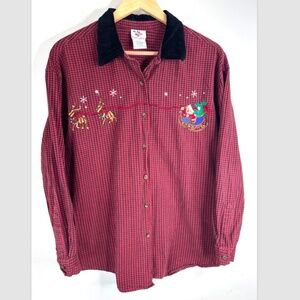 Vintage 90s Christmas Plaid Embroidered Shirt L Velvet Collar Santa Bear Holiday